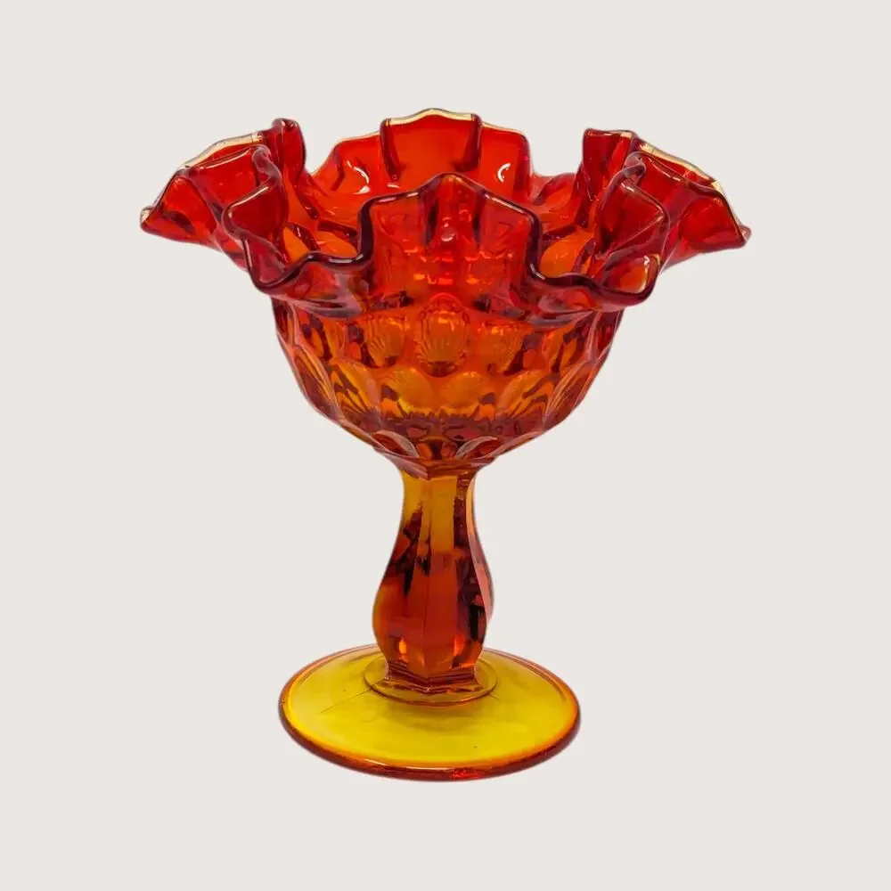 1960s Fenton Amberina Glass Ruffled Thumbprint Pedestal Compote